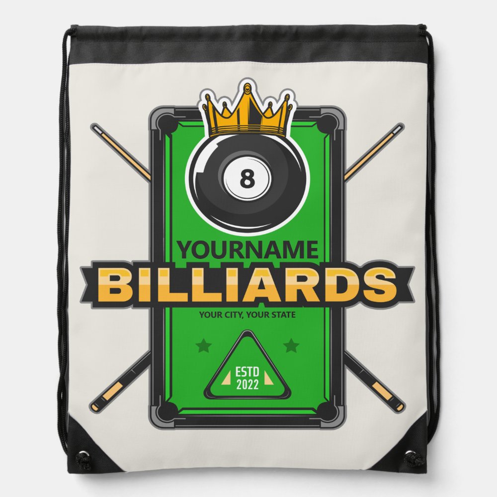 personalized pool hall name 8 ball crown billiards drawstring bag - Billiard Gifts