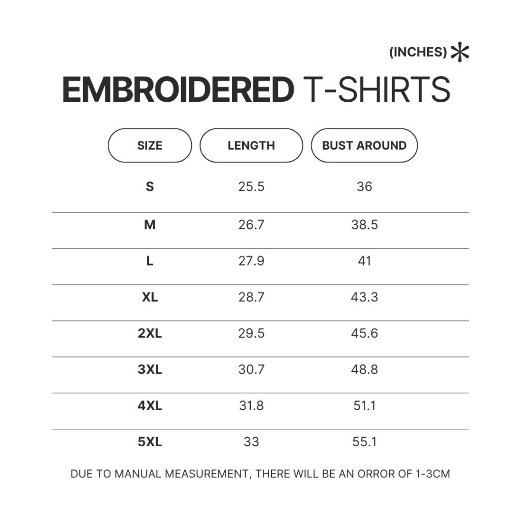 Embroidered T shirt Size Chart - Billiard Gifts